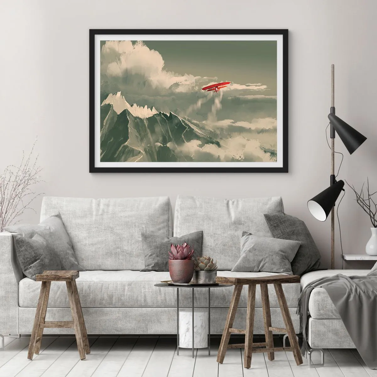 Poster in einem schwarzem Rahmen - Rotes Flugzeug über schneebedeckten Bergen - 70x50cm - Furchtloser Pionier - Moderne Wanddekoration für Wohnzimmer und Schlafzimmer ARTTOR