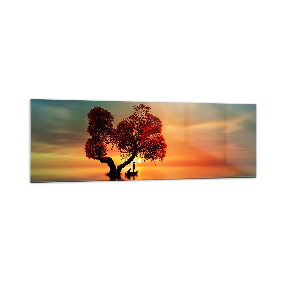 Glasbild - Bild auf glas - Ein rotblättriger Baum und ein Boot auf dem Wasser bei Sonnenuntergang - 160x50cm - Oddaysons und die Stille der Weltlosen - Moderne Wanddekoration für Wohnzimmer und Schlafzimmer ARTTOR