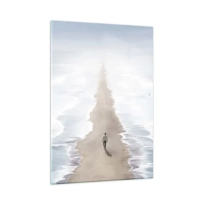 Glasbild - Bild auf glas - Eine Gestalt, die allein zwischen den Wellen zum Horizont geht - 50x70cm - Glänzende Zukunft - Moderne Wanddekoration für Wohnzimmer und Schlafzimmer ARTTOR