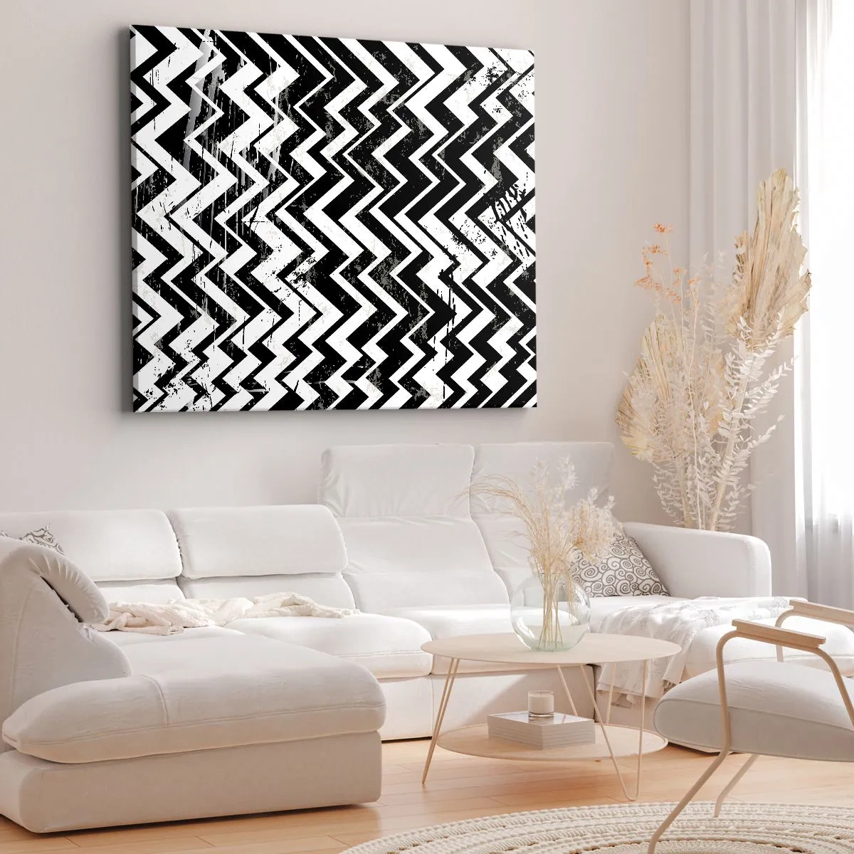 Bild auf Leinwand - Leinwandbild - Schwarz-weißes Zickzack-Muster mit kunstvollen Abschürfungen - 70x50cm - Zick-weiß, Zack-schwarz - Moderne Wanddekoration für Wohnzimmer und Schlafzimmer ARTTOR