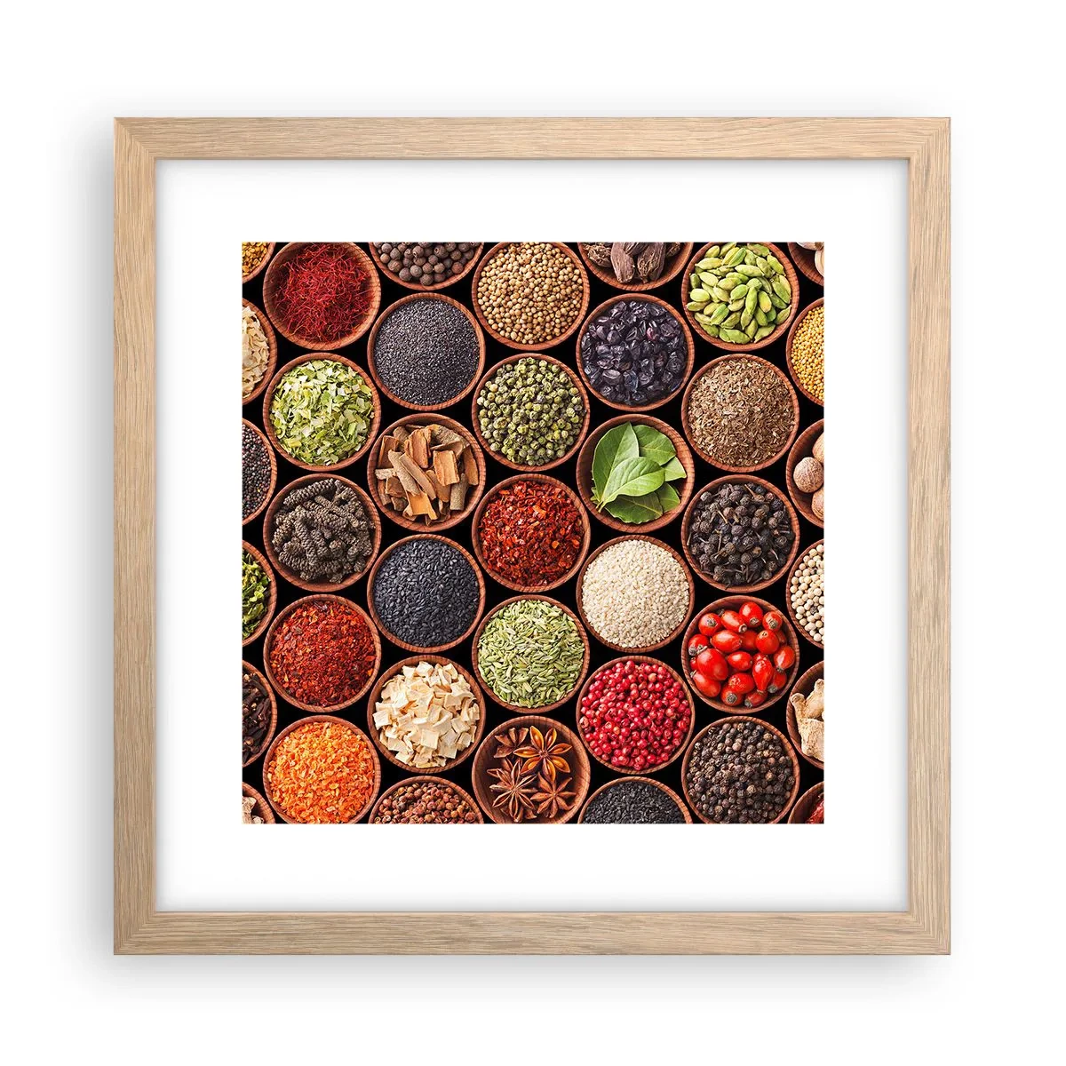 Poster in einem Rahmen aus heller Eiche - Alle Aromen der Welt - 30x30 cm