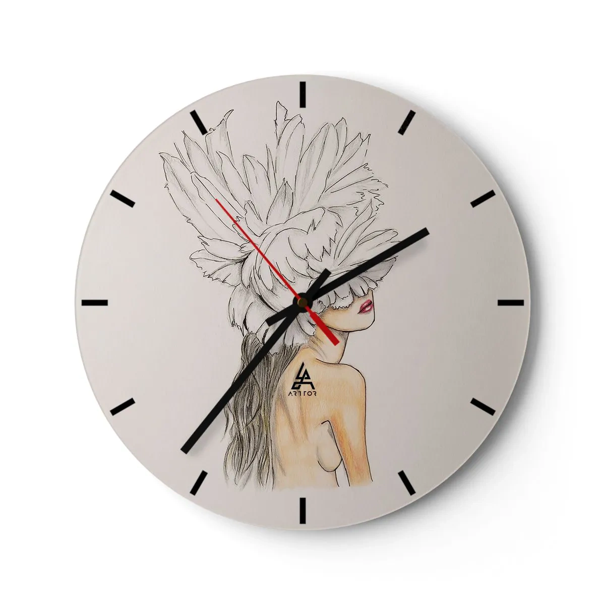Wanduhr - Glasuhr - Porträt einer Frau mit einer Feder über den Augen - 30x30cm - Gekrönte Schönheit - Moderne Wanddekoration für Wohnzimmer, Küche und Schlafzimmer ARTTOR