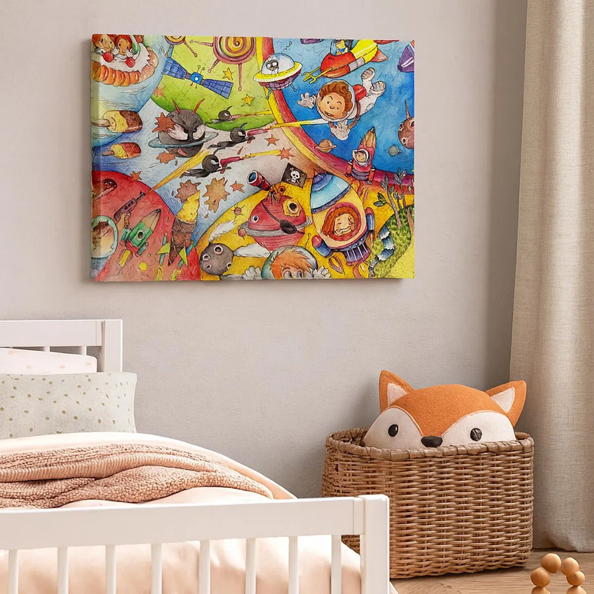 Bild auf Leinwand - Leinwandbild - Eine bunte Weltraumszene voller Kinder und Raumschiffe - 70x50cm - Tolles Weltraumabenteuer - Moderne Wanddekoration für Wohnzimmer und Schlafzimmer ARTTOR