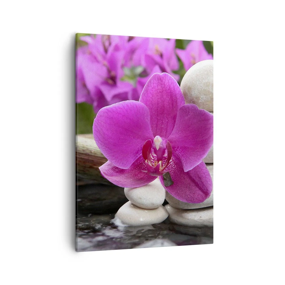 Bild auf Leinwand - Leinwandbild - Lila Orchidee, Steine und Bambus mit Wasser in einer entspannenden Umgebung - 50x70cm - Du ruhst dich schon aus - Moderne Wanddekoration für Wohnzimmer und Schlafzimmer ARTTOR
