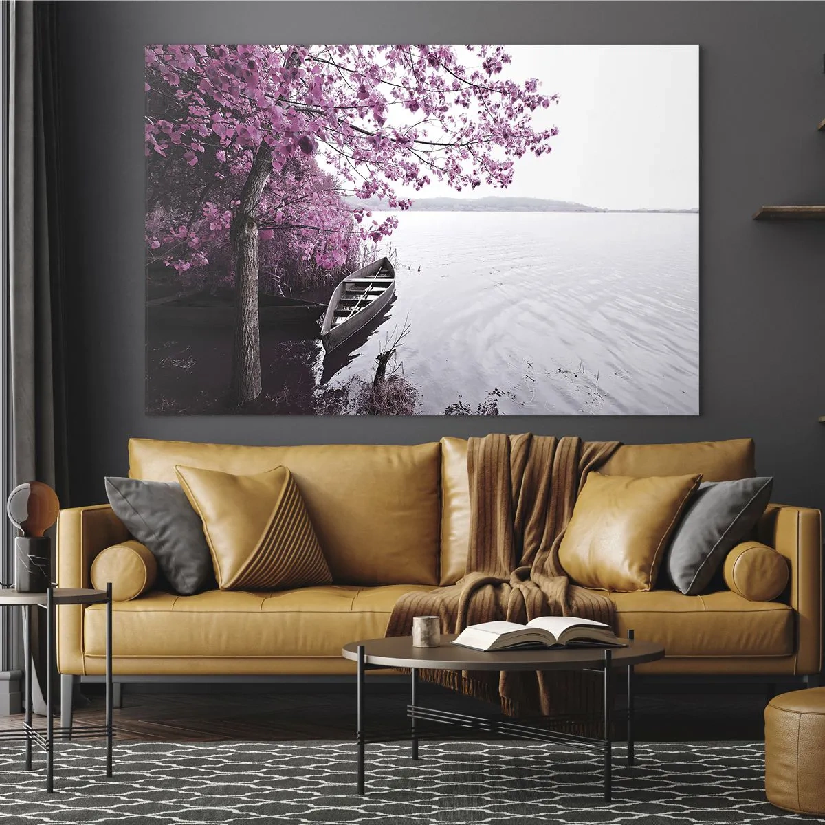 Glasbild - Bild auf glas - Ein Boot am Ufer mit einem rosa Baum über dem Wasser - 120x80cm - In rosa Stille - Moderne Wanddekoration für Wohnzimmer und Schlafzimmer ARTTOR