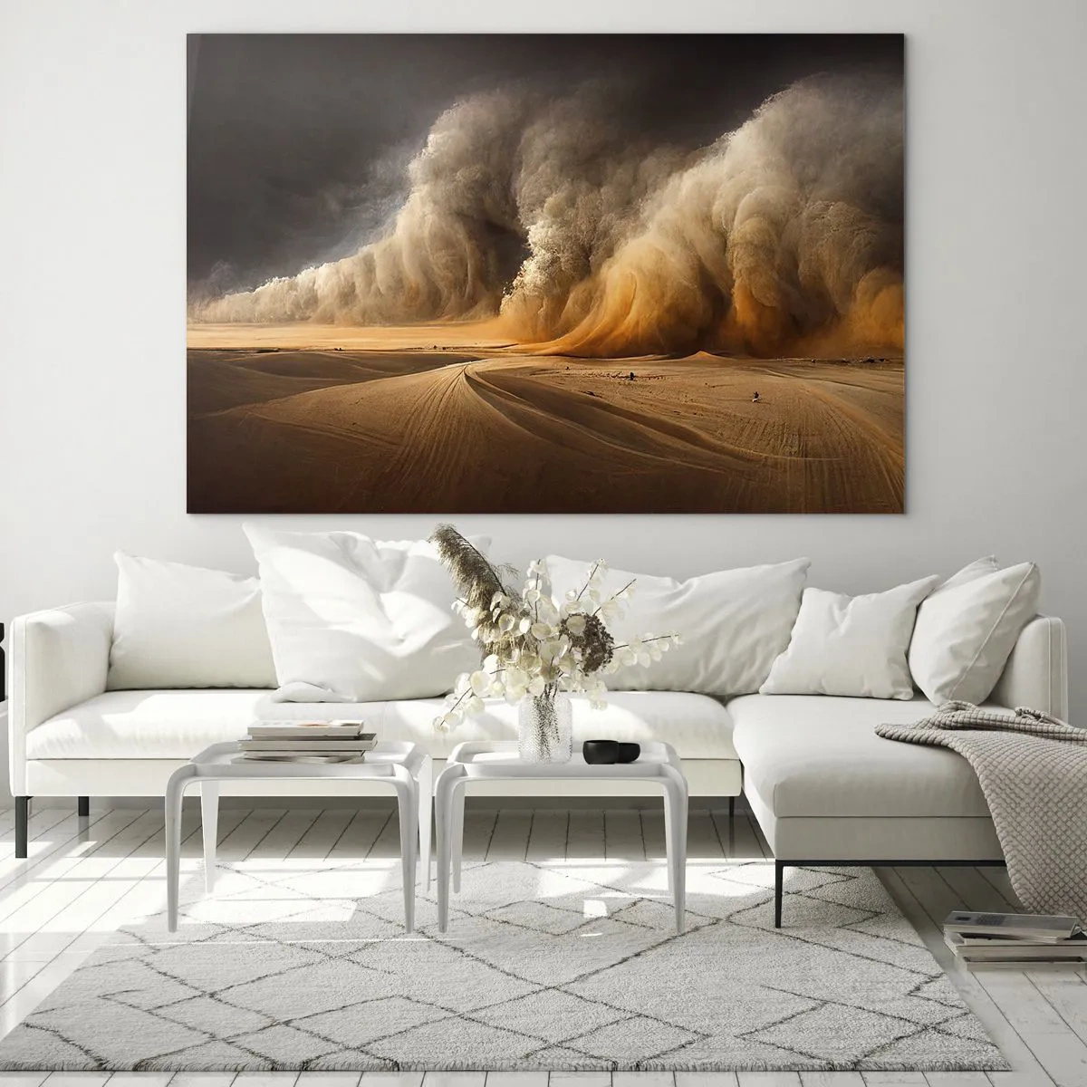 Glasbild - Bild auf glas - Ein Sandsturm über der Wüste in dramatischem Licht - 70x50cm - Zorn der Wüste - Moderne Wanddekoration für Wohnzimmer und Schlafzimmer ARTTOR