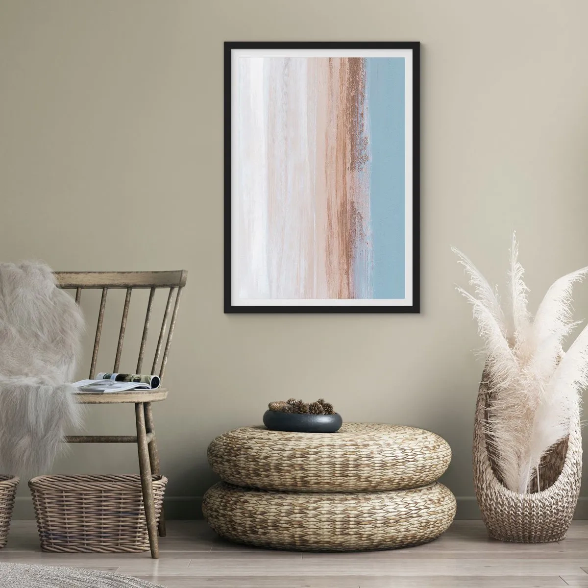 Poster in einem schwarzem Rahmen - Minimalistische Abstraktion in den Farben von Strand und Meer - 50x70cm - Mehrdeutige Landschaft - Moderne Wanddekoration für Wohnzimmer und Schlafzimmer ARTTOR