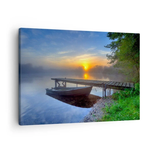 Bild auf Leinwand - Leinwandbild - Ein Seesteg bei Sonnenaufgang mit einem Boot am Ufer - 70x50cm - Wie aus Gewöhnlichem Magie wird - Moderne Wanddekoration für Wohnzimmer und Schlafzimmer ARTTOR