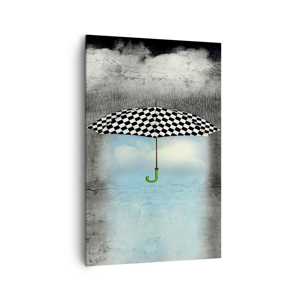 Bild auf Leinwand - Leinwandbild - Ein karierter Regenschirm über einer verregneten Landschaft - 80x120cm - Aber möglich - Moderne Wanddekoration für Wohnzimmer und Schlafzimmer ARTTOR