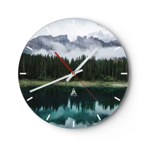 Wanduhr - Glasuhr - Neblige Berge und Wälder spiegeln sich in einem ruhigen Bergsee - 30x30cm - Leise, leise, lass uns das Trinkwasser nicht wecken ... - Moderne Wanddekoration für Wohnzimmer, Küche und Schlafzimmer ARTTOR