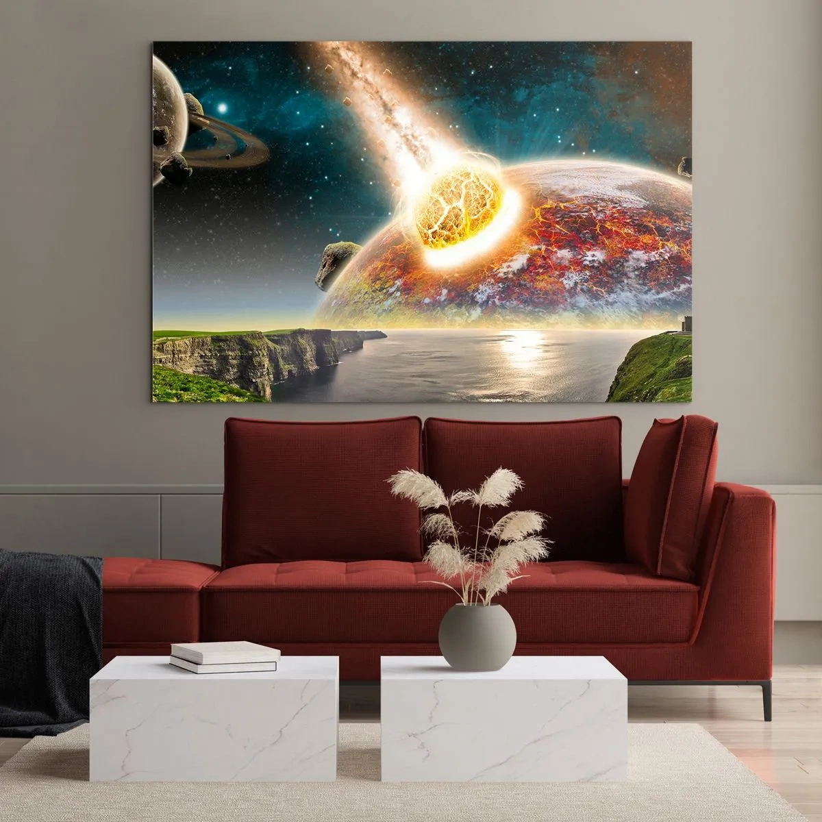 Glasbild - Bild auf glas - Ein Meteorit kollidiert im Weltraum mit einem Planeten. - 70x50cm - Kosmisches Drama - Moderne Wanddekoration für Wohnzimmer und Schlafzimmer ARTTOR