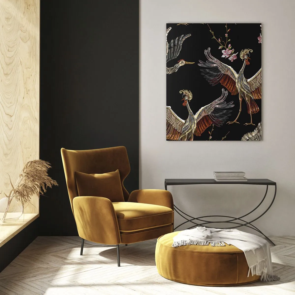 Glasbild - Bild auf glas - Stilvolle Kraniche und Blumen auf schwarzem Hintergrund - 80x120cm - Märchenvogel - Moderne Wanddekoration für Wohnzimmer und Schlafzimmer ARTTOR