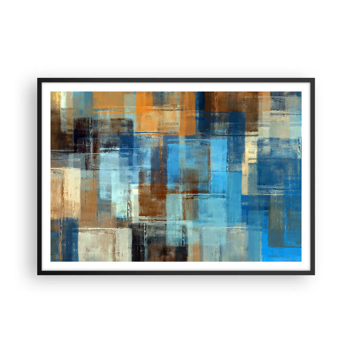 Poster in einem schwarzem Rahmen - Abstrakte geometrische Komposition in Blau- und Brauntönen - 100x70cm - Durch den blauen Schleier - Moderne Wanddekoration für Wohnzimmer und Schlafzimmer ARTTOR