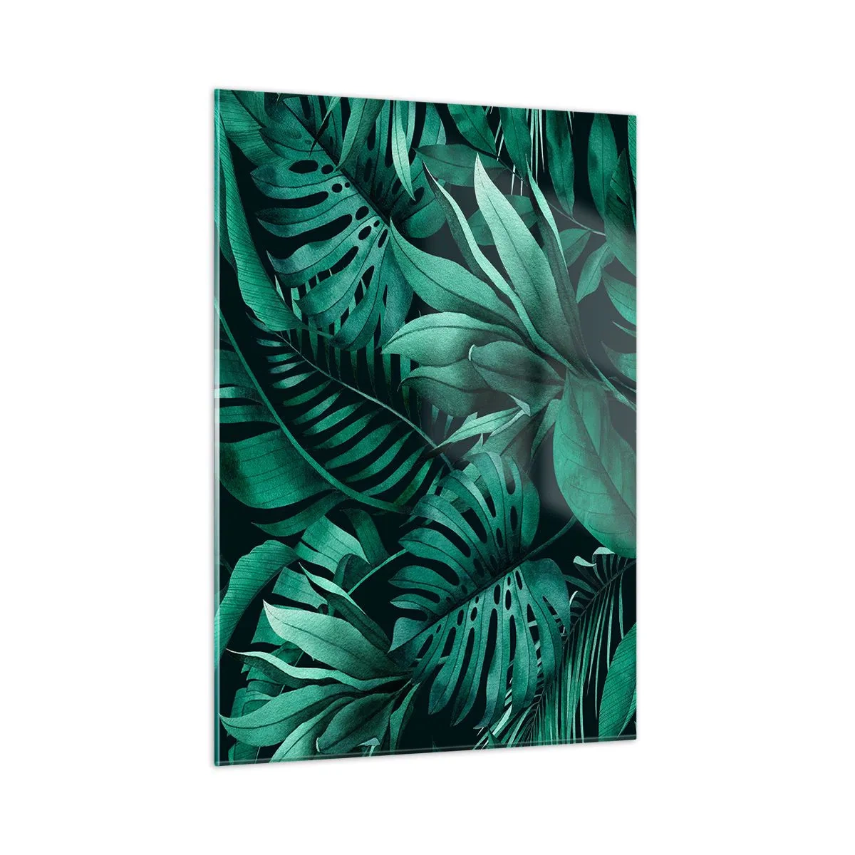 Glasbild - Bild auf glas - Üppig grüne Blätter in einer tropischen Komposition - 50x70cm - Die Tiefe des tropischen Grüns - Moderne Wanddekoration für Wohnzimmer und Schlafzimmer ARTTOR