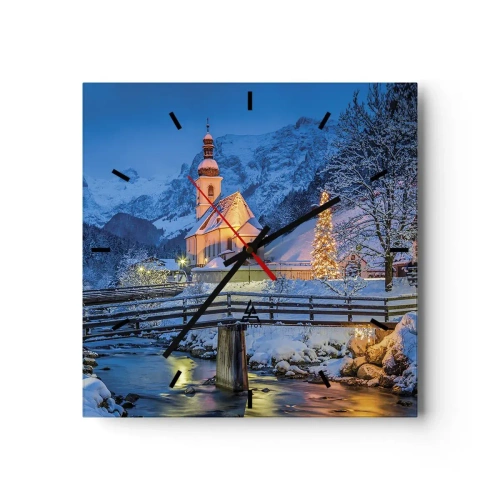 Wanduhr - Glasuhr - Winterlandschaft mit Kirche, Brücke und Bergen in der Abenddämmerung - 30x30cm - Weihnachtsgeist - Moderne Wanddekoration für Wohnzimmer und Schlafzimmer ARTTOR