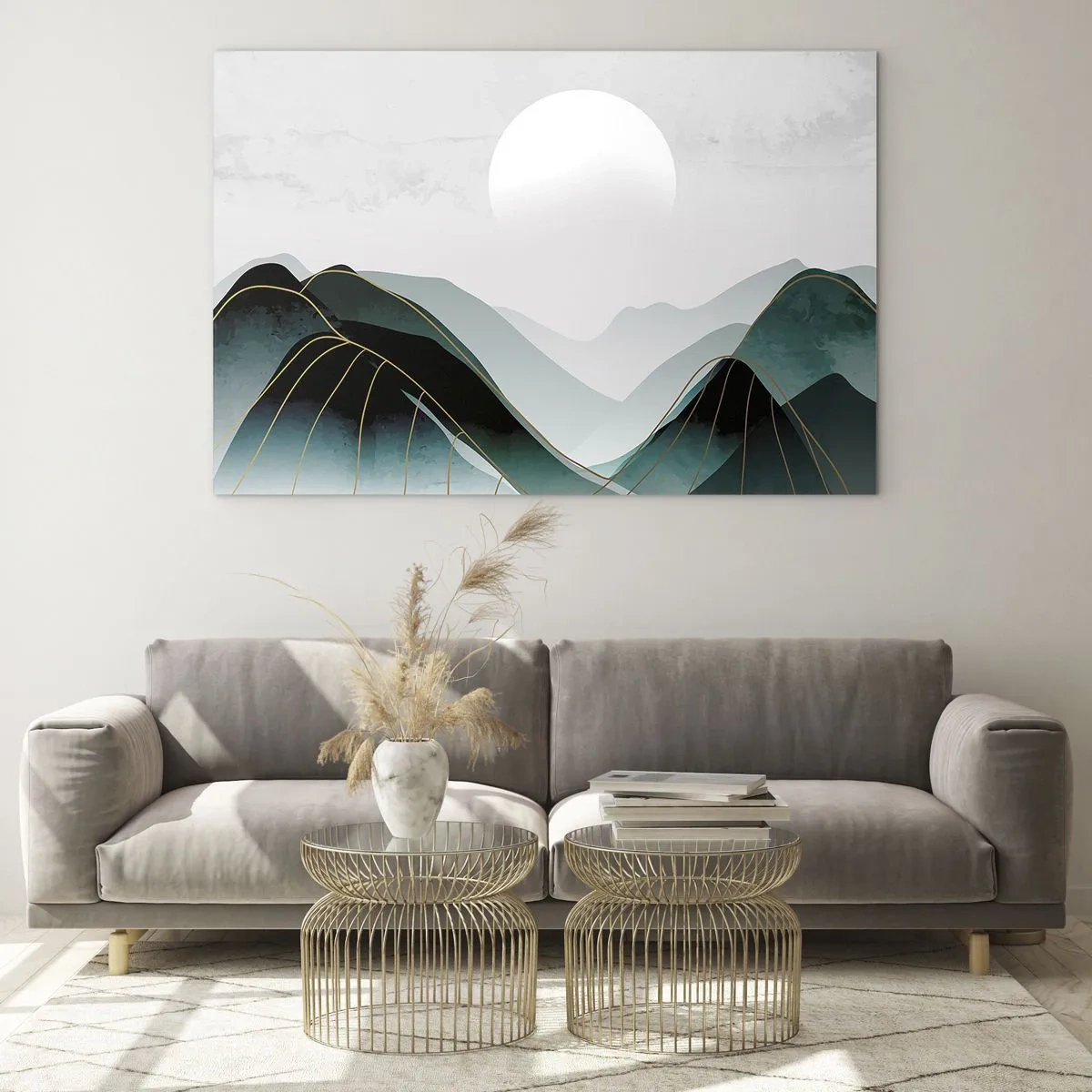 Glasbild - Bild auf glas - Berglandschaft mit weißer Sonne und goldenen Linien - 70x50cm - In voller Majestät - Moderne Wanddekoration für Wohnzimmer und Schlafzimmer ARTTOR