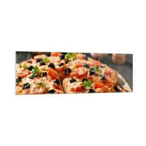 Glasbild - Bild auf glas - Pizza mit Tomaten, Oliven und frischen Kräutern auf dem Tisch - 160x50cm - Du bist schon wieder davongekommen - Moderne Wanddekoration für Wohnzimmer und Schlafzimmer ARTTOR