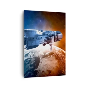 Bild auf Leinwand - Leinwandbild - Ein Raumschiff vor dem Hintergrund eines Planeten im Weltraum - 70x100cm - Ein aufmerksamer Beobachter - Moderne Wanddekoration für Wohnzimmer und Schlafzimmer ARTTOR
