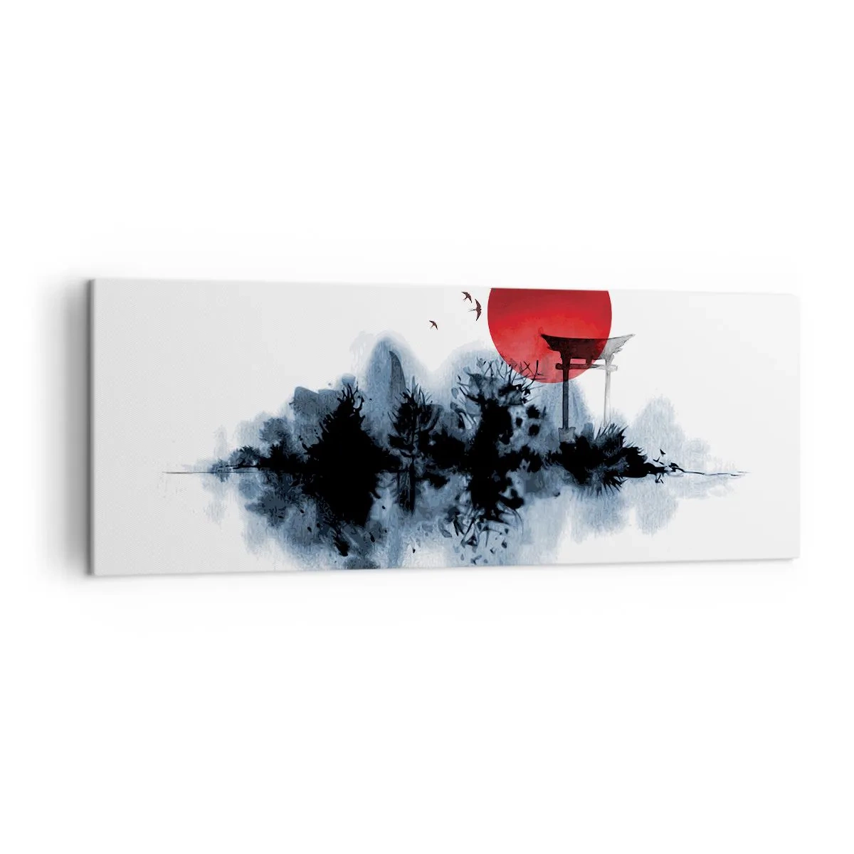Bild auf Leinwand - Leinwandbild - Rote Sonne über einer malerischen Landschaft mit Torii - 140x50cm - Japanische Sicht - Moderne Wanddekoration für Wohnzimmer und Schlafzimmer ARTTOR