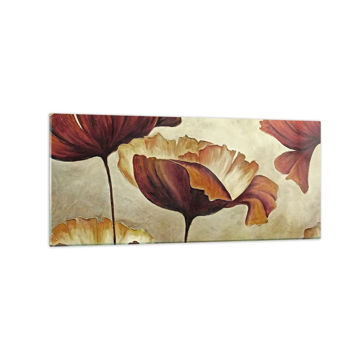 Glasbild - Bild auf glas - Dezente Blumen in Rot- und Goldtönen auf hellem Untergrund - 120x50cm - Weideland - Moderne Wanddekoration für Wohnzimmer und Schlafzimmer ARTTOR