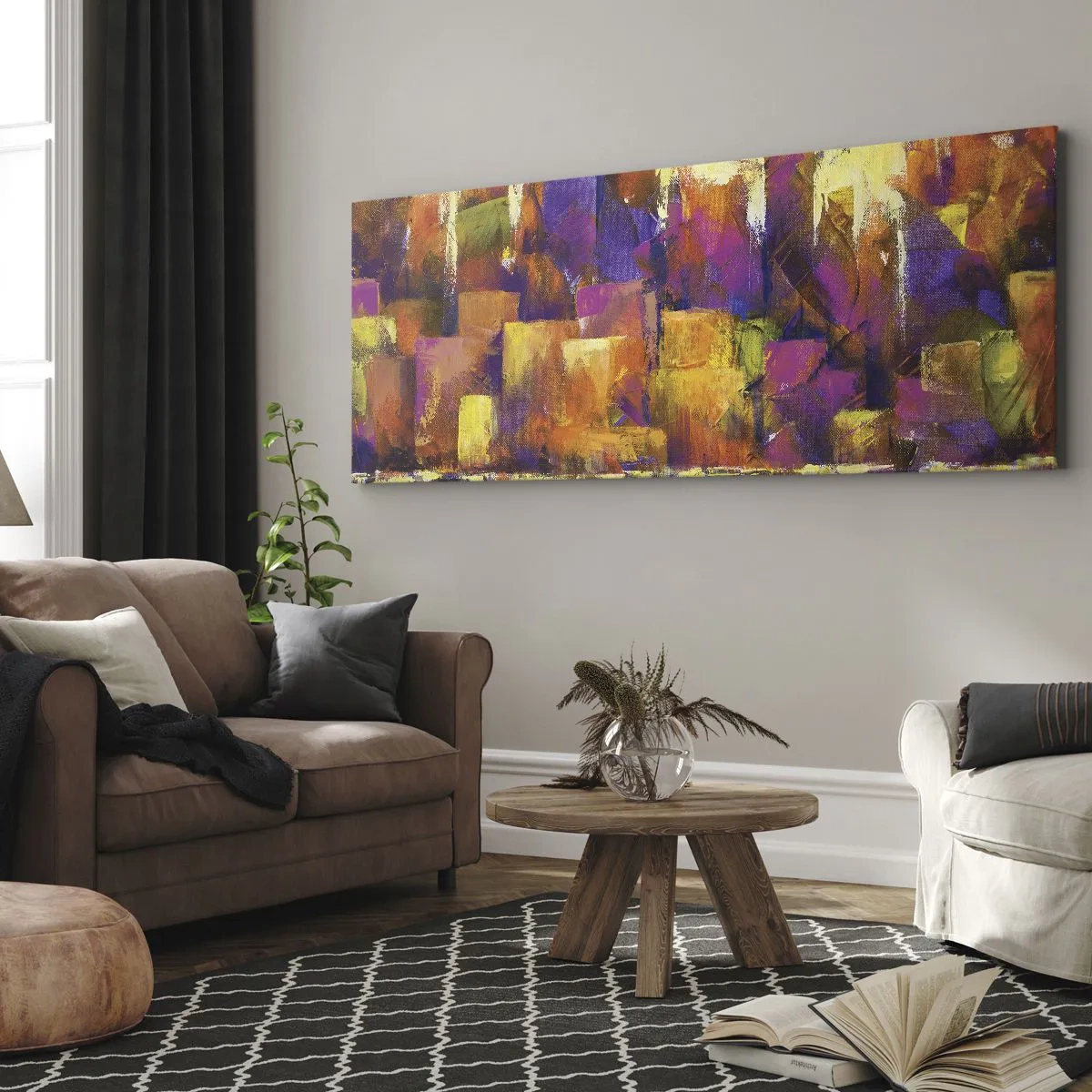 Bild auf Leinwand - Leinwandbild - Abstrakte Komposition einer Metropole in Gelb- und Lilatönen - 160x50cm - Metropolitische Komposition - Moderne Wanddekoration für Wohnzimmer und Schlafzimmer ARTTOR