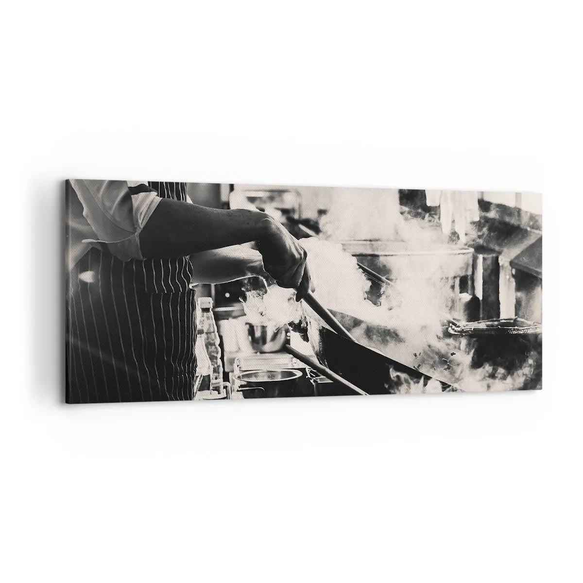 Bild auf Leinwand - Leinwandbild - Ein Koch bei der Arbeit in der Küche, aus einer Bratpfanne steigt Dampf auf - 120x50cm - Alchemie der Aromen - Moderne Wanddekoration für Wohnzimmer und Schlafzimmer ARTTOR