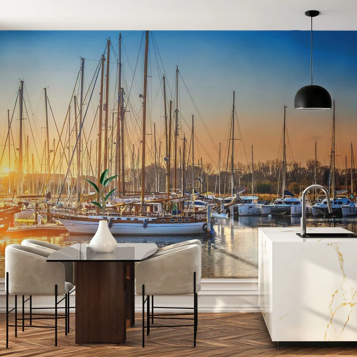 Fototapete Premium Canvas - Der Wind muss auch schlafen - Landschaft, Yachthafen, Segelboot - 300x210 cm