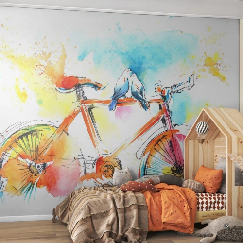 Fototapete Premium Canvas - Fahrrad für zwei - Abstraktion, Fahrrad, Vögel - 200x140 cm