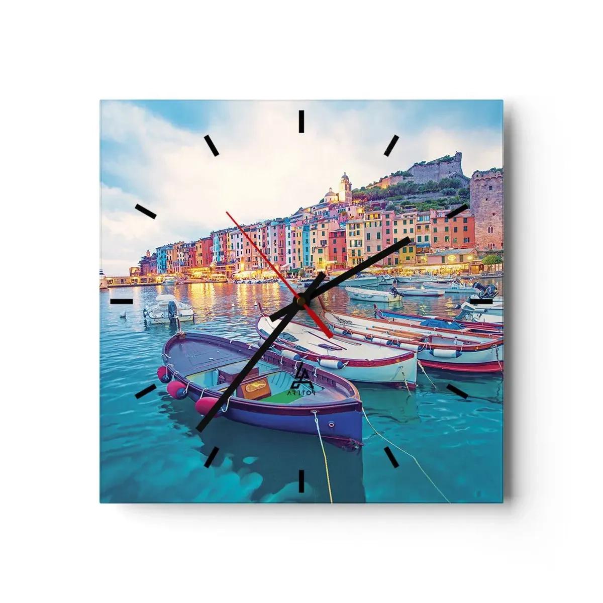 Wanduhr - Glasuhr - Eine bunte Stadt am Wasser mit Booten im Hafen - 30x30cm - Bunter Abend im Hafen - Moderne Wanddekoration für Wohnzimmer und Schlafzimmer ARTTOR