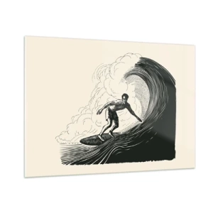 Glasbild - Bild auf glas - Surfer reitet auf einer hohen Welle im Retro-Zeichenstil - 100x70cm - König der Welle - Moderne Wanddekoration für Wohnzimmer und Schlafzimmer ARTTOR