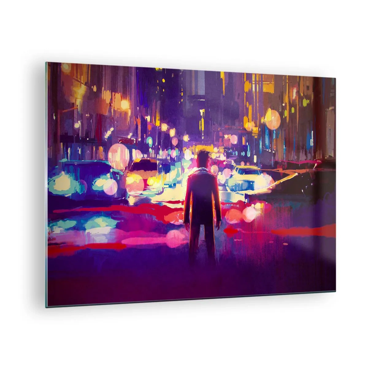 Glasbild - Bild auf glas - Eine Figur in einem farbenfrohen, futuristischen Stadtnachtlicht - 70x50cm - Eingetaucht in das Licht - Moderne Wanddekoration für Wohnzimmer und Schlafzimmer ARTTOR