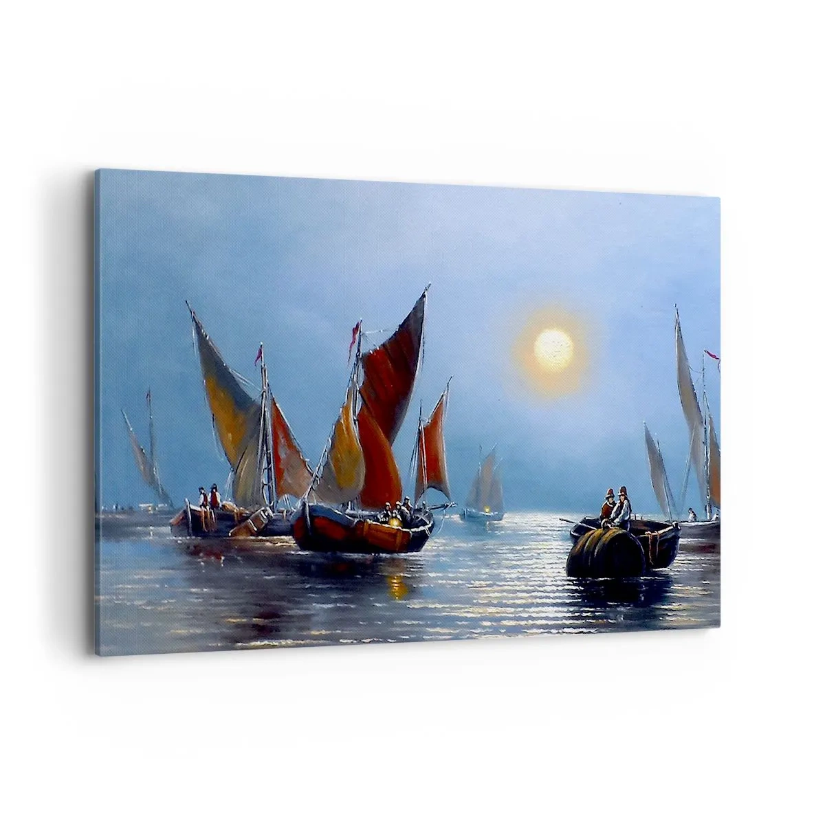 Bild auf Leinwand - Leinwandbild - Boote mit Segeln auf ruhigem Wasser bei Sonnenuntergang - 100x70cm - Nachtfang - Moderne Wanddekoration für Wohnzimmer und Schlafzimmer ARTTOR