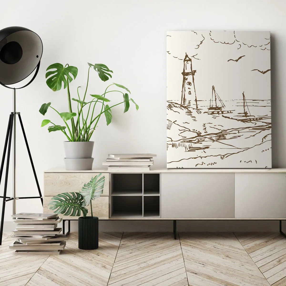 Bild auf Leinwand - Leinwandbild - Skizze eines Leuchtturms mit Blick auf das Meer - 70x100cm - Ein Überblick über die Erinnerungen an den Sommer - Moderne Wanddekoration für Wohnzimmer und Schlafzimmer ARTTOR
