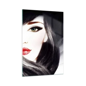 Glasbild - Bild auf glas - Porträt einer Frau mit ausdrucksstarkem Blick und roten Lippen - 70x100cm - Saphir-Optik - Moderne Wanddekoration für Wohnzimmer und Schlafzimmer ARTTOR