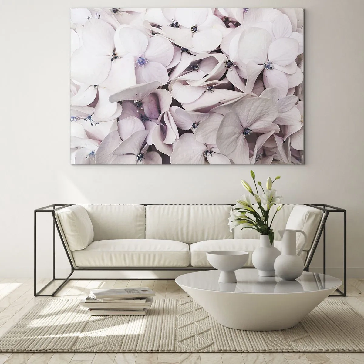 Glasbild - Bild auf glas - Zarte hellrosa Hortensien in Nahaufnahme - 70x50cm - In einer Blumenflut - Moderne Wanddekoration für Wohnzimmer und Schlafzimmer ARTTOR