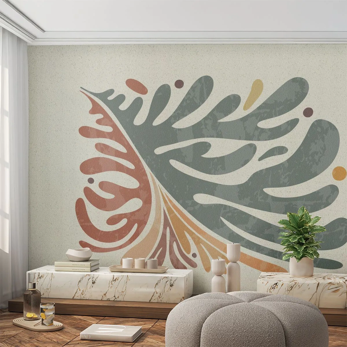 Fototapete Premium Sand - Mehrfarbiges Blatt - Boho, Minimalismus, Stück - 250x175 cm