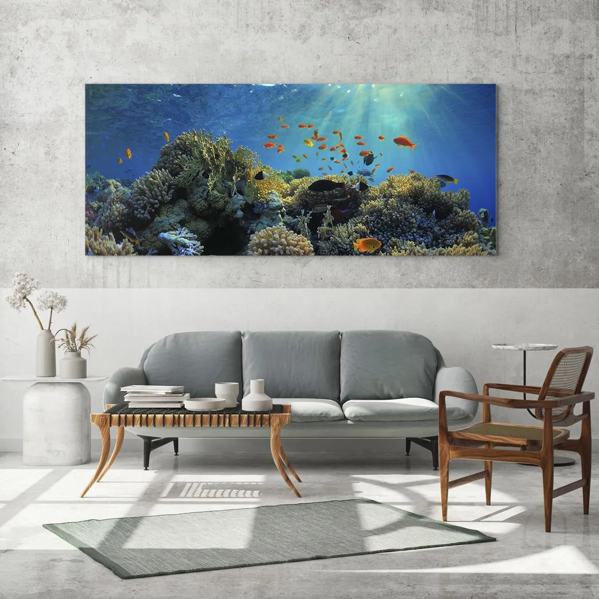 Glasbild - Bild auf glas - Korallenriff mit Fischen in den Sonnenstrahlen unter Wasser - 160x50cm - Unterwasserschätze - Moderne Wanddekoration für Wohnzimmer und Schlafzimmer ARTTOR