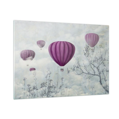 Glasbild - Bild auf glas - Lila Ballons schweben zwischen den Wolken und Ästen - 100x70cm - Wie Schiffe am Himmel - Moderne Wanddekoration für Wohnzimmer und Schlafzimmer ARTTOR