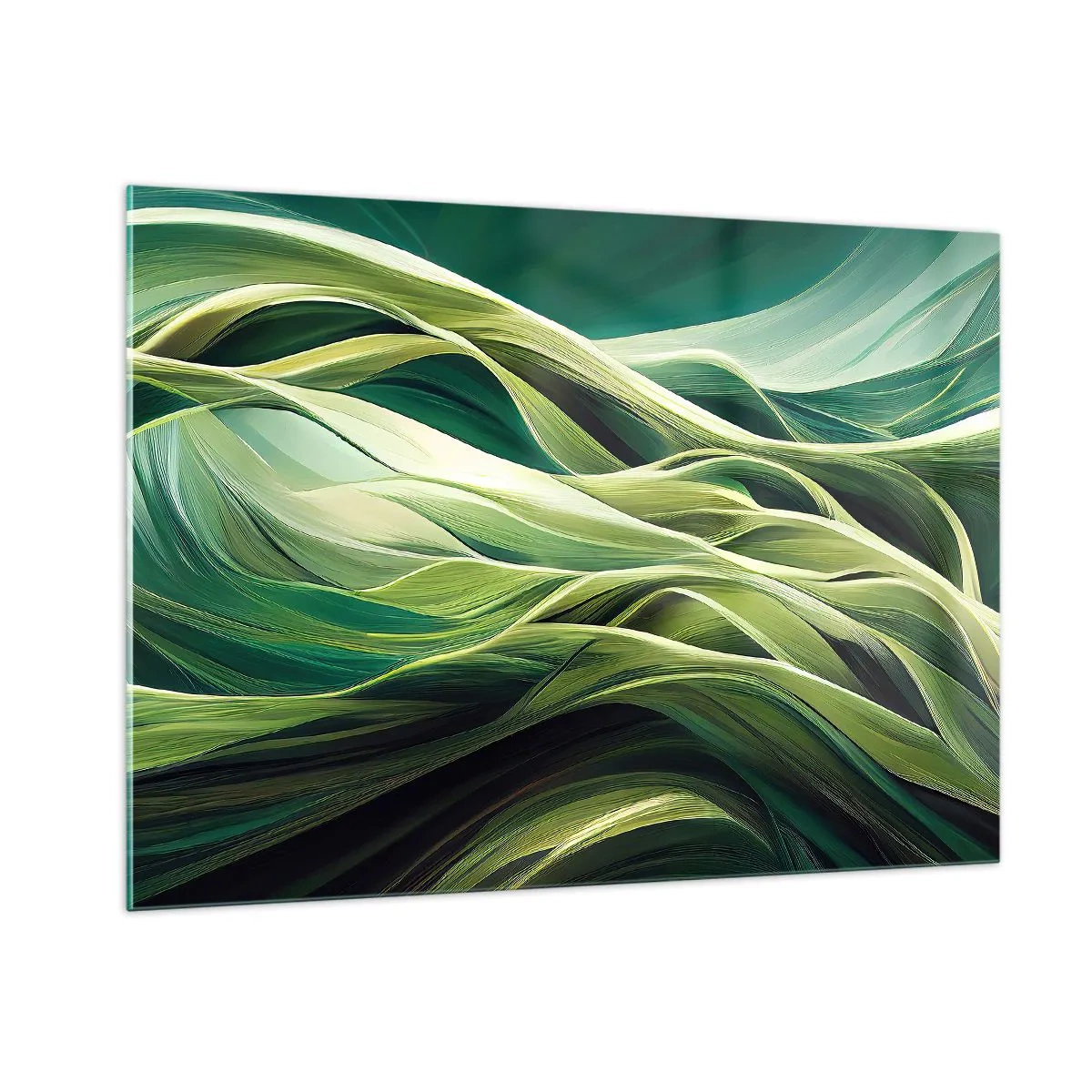 Glasbild - Bild auf glas - Abstrakte grüne Wellen mit organischen Formen - 100x70cm - Abstraktes grünes Spiel - Moderne Wanddekoration für Wohnzimmer und Schlafzimmer ARTTOR