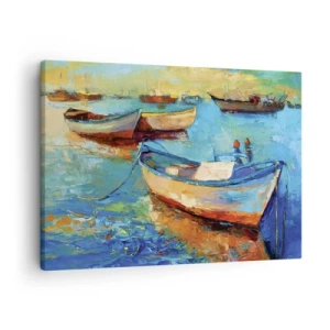 Bild auf Leinwand - Leinwandbild - Bunte Boote vertäut auf ruhigem Wasser - 70x50cm - In der südlichen Bucht - Moderne Wanddekoration für Wohnzimmer und Schlafzimmer ARTTOR