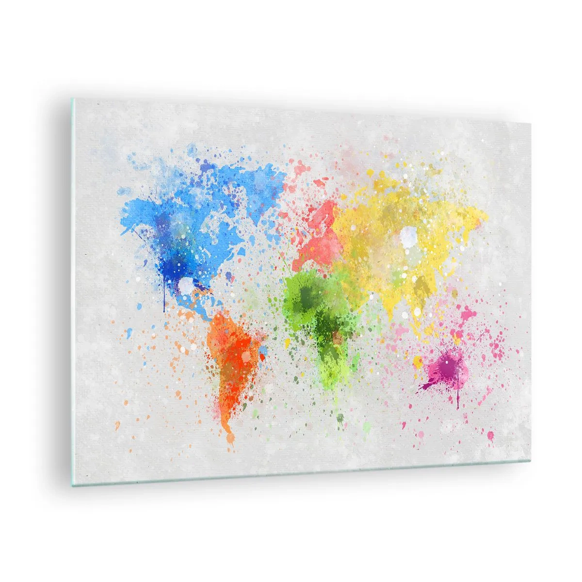 Glasbild - Bild auf glas - Eine Weltkarte in bunten Farbspritzern - 70x50cm - Alle Farben der Welt - Moderne Wanddekoration für Wohnzimmer und Schlafzimmer ARTTOR