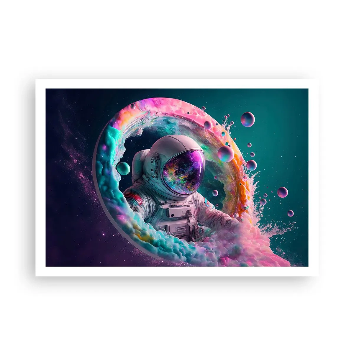Poster - Astronaut in einer farbenfrohen kosmischen Aura - 100x70cm - Sternentor - Moderne Wanddekoration für Wohnzimmer und Schlafzimmer ARTTOR
