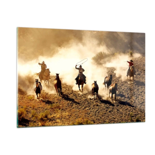 Glasbild - Bild auf glas - Cowboys zu Pferd im Staub bei einem Rodeo - 120x80cm - Wirklich wilder Westen - Moderne Wanddekoration für Wohnzimmer und Schlafzimmer ARTTOR