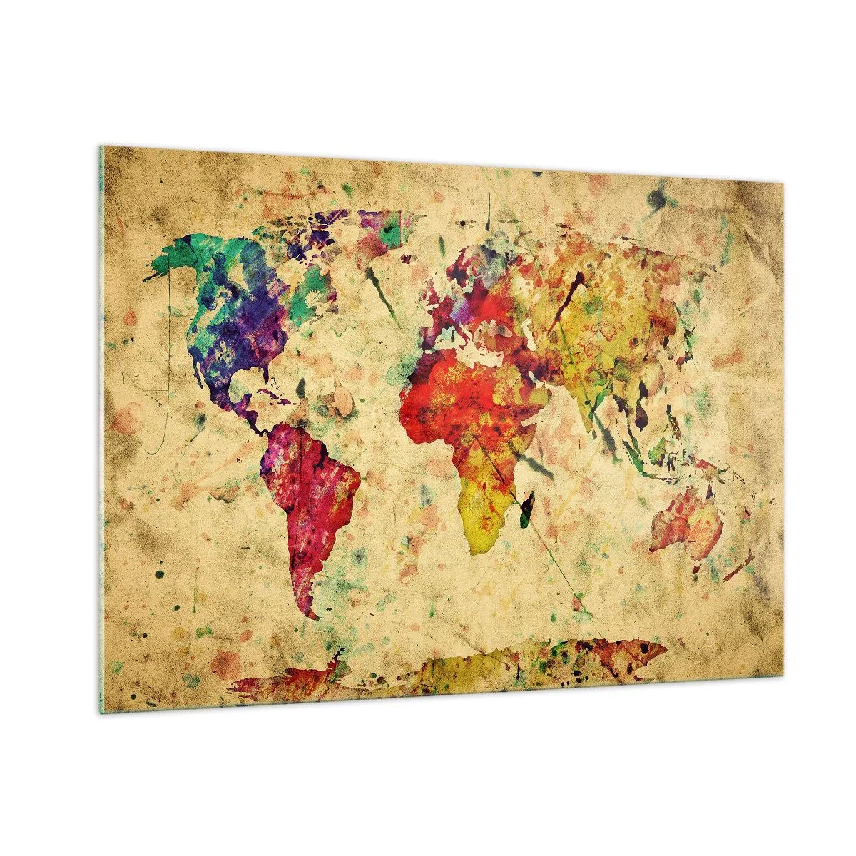 Glasbild - Bild auf glas - Bunte Weltkarte auf strukturiertem Vintage-Hintergrund - 100x70cm - Leben wie buntes Kartenpapier - Moderne Wanddekoration für Wohnzimmer und Schlafzimmer ARTTOR