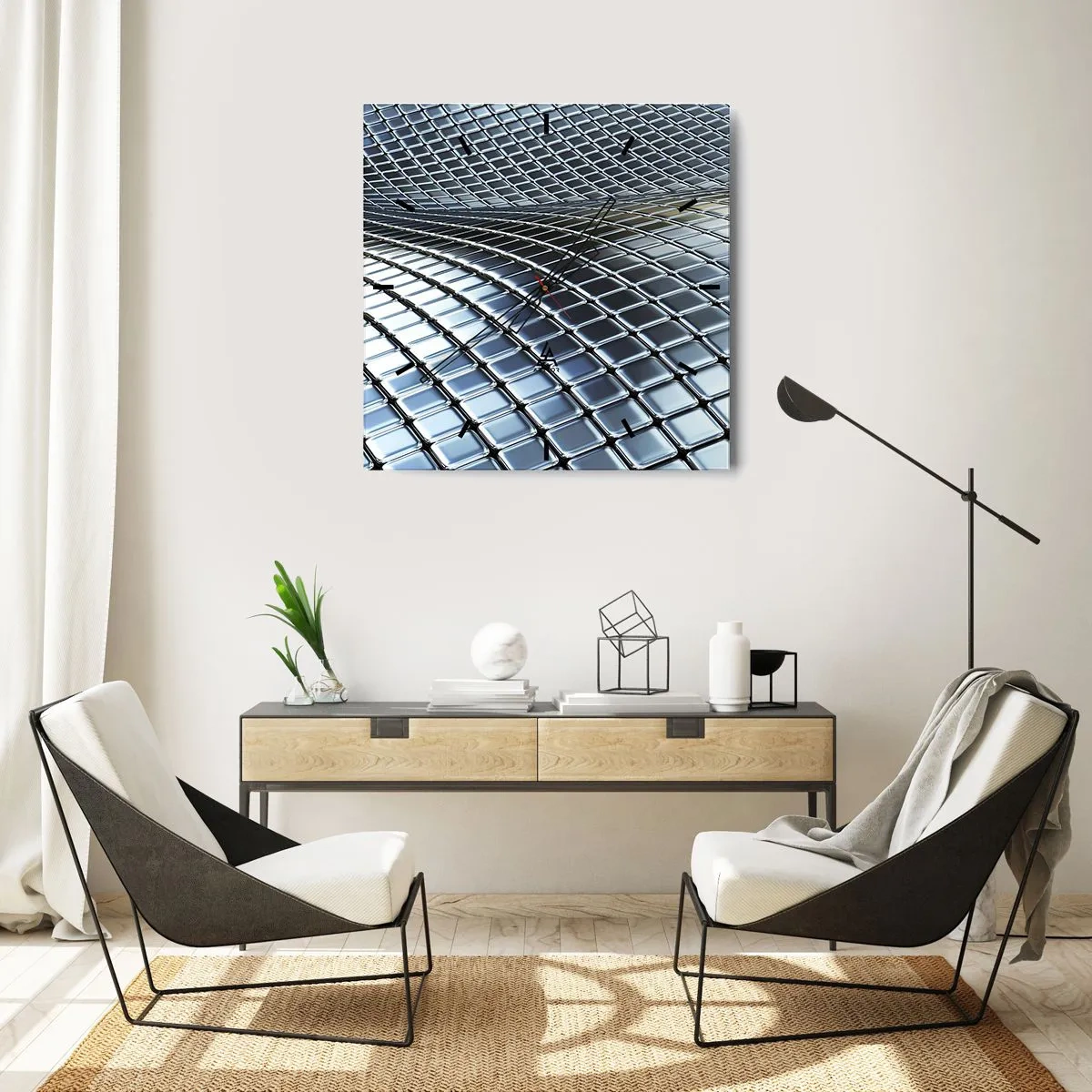 Wanduhr - Glasuhr - Metallische silberne Welle - 40x40 cm