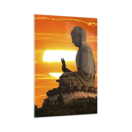 Glasbild - Bild auf glas - Eine buddhistische Statue vor dem Hintergrund eines orangefarbenen Sonnenuntergangs - 70x100cm - Keine Angst vor der Welt - Moderne Wanddekoration für Wohnzimmer und Schlafzimmer ARTTOR