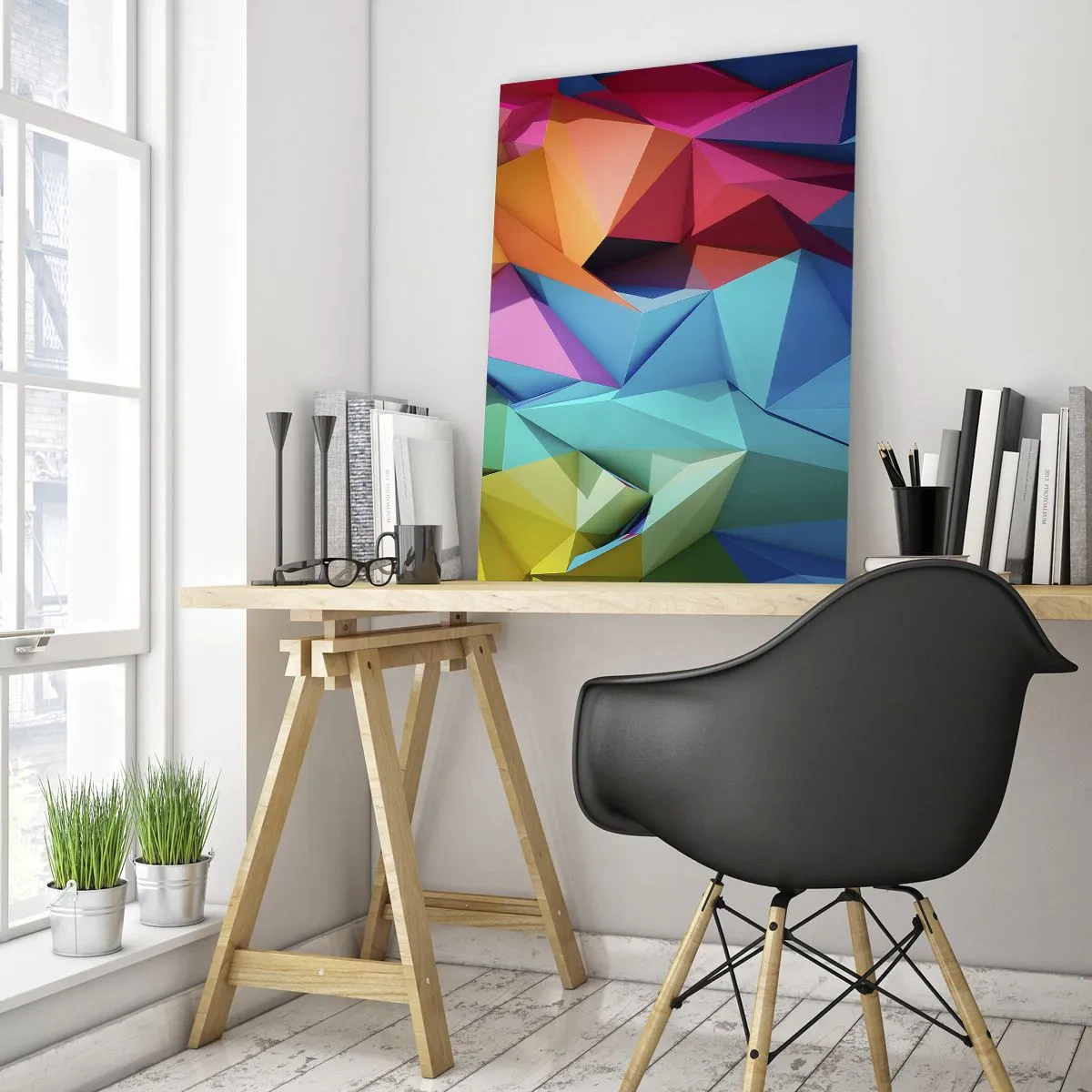Glasbild - Bild auf glas - Geometrische Komposition in intensiven, mehrfarbigen Farbtönen - 50x70cm - Regenbogen-Origami - Moderne Wanddekoration für Wohnzimmer und Schlafzimmer ARTTOR