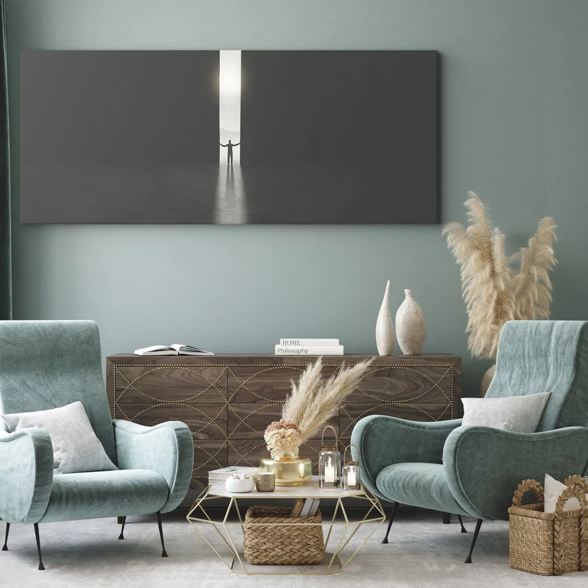 Bild auf Leinwand - Leinwandbild - Ein Mann steht im Licht eines schmalen Schlitzes in einem dunklen Raum - 120x50cm - Ein Schritt in eine strahlende Zukunft - Moderne Wanddekoration für Wohnzimmer und Schlafzimmer ARTTOR