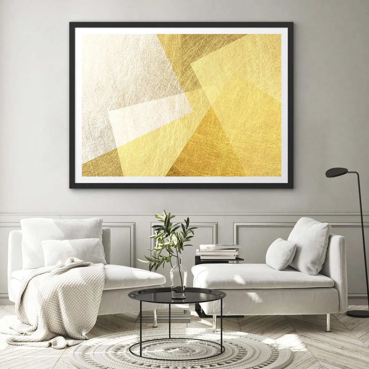 Poster in einem schwarzem Rahmen - Geometrische Formen in Gold und hellen Farbtönen - 100x70cm - Geometriewetter - Moderne Wanddekoration für Wohnzimmer und Schlafzimmer ARTTOR