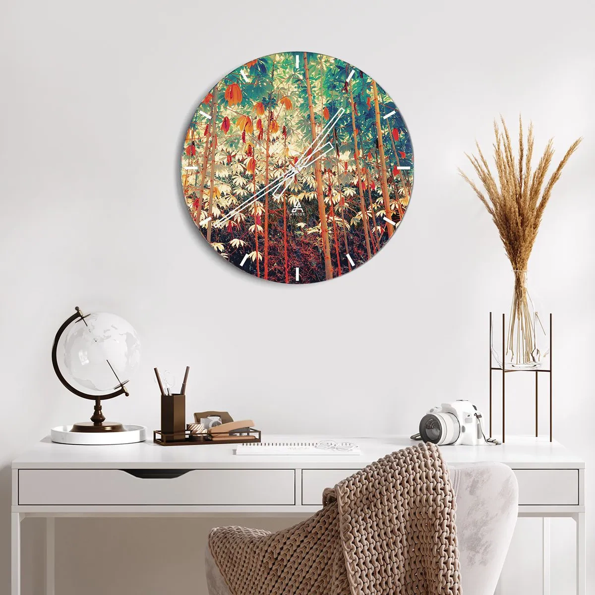 Wanduhr - Glasuhr - Bunter Bambuswald in warmem Licht - 30x30cm - Das geheime Leben der Blätter - Moderne Wanddekoration für Wohnzimmer, Küche und Schlafzimmer ARTTOR